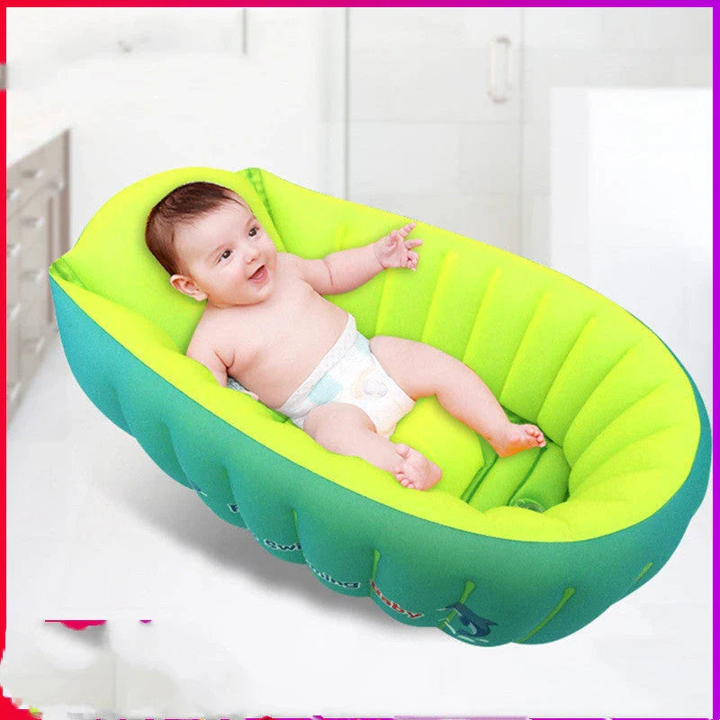 Inflatable baby bath tub with flower-shaped design, available in blue and orange colors