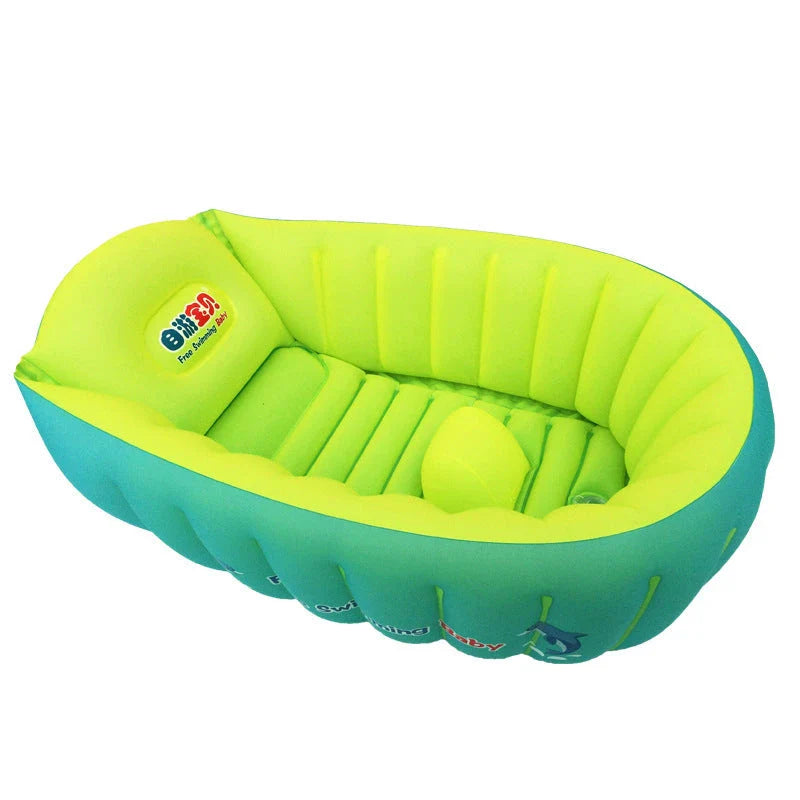 Inflatable baby bath tub with flower-shaped design, available in blue and orange colors