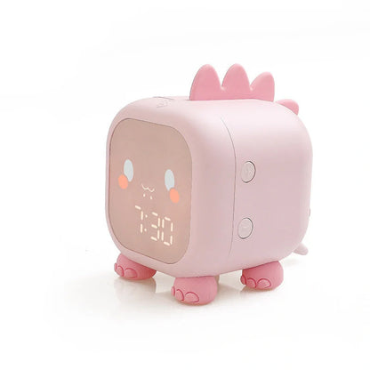 LED Cartoon Alarm Clock with voice control and digital display in pink, blue, green, and dinosaur designs