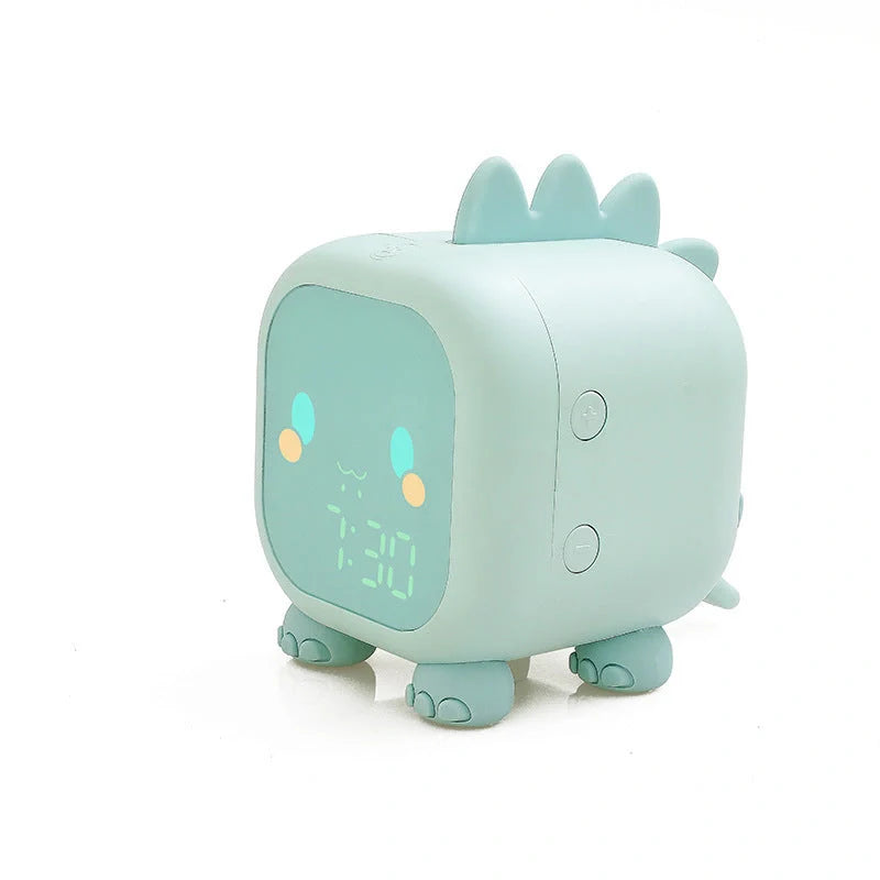 LED Cartoon Alarm Clock with voice control and digital display in pink, blue, green, and dinosaur designs