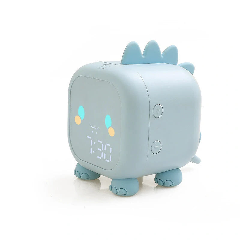 LED Cartoon Alarm Clock with voice control and digital display in pink, blue, green, and dinosaur designs