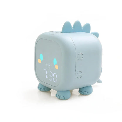 LED Cartoon Alarm Clock with voice control and digital display in pink, blue, green, and dinosaur designs