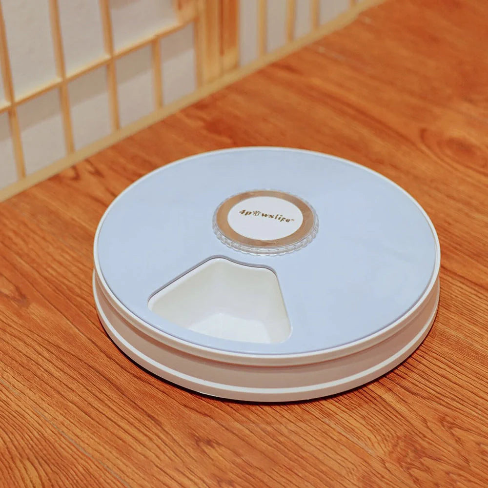 Automatic pet feeder with 6 grids and voice recorder in white, blue, and pink options