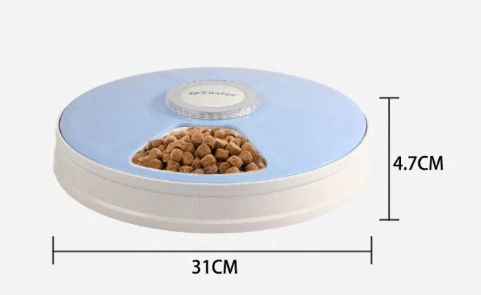 Automatic pet feeder with 6 grids and voice recorder in white, blue, and pink options