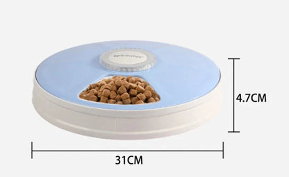 Automatic pet feeder with 6 grids and voice recorder in white, blue, and pink options