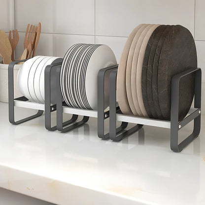 Carbon steel kitchen dish storage rack in L size, 30cm long single layer, no installation, holds 20 plates
