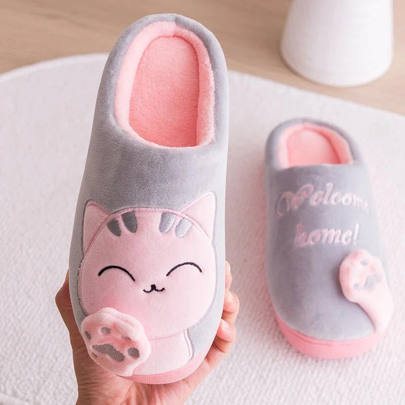 Cartoon cat winter slippers with ultra-soft plush lining in various colors