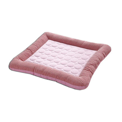 A plush, breathable cooling pet bed in blue and red colors, designed to keep dogs and cats comfortable in the summer heat.
