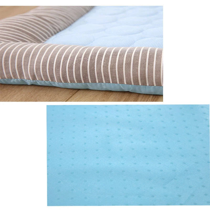 A plush, breathable cooling pet bed in blue and red colors, designed to keep dogs and cats comfortable in the summer heat.
