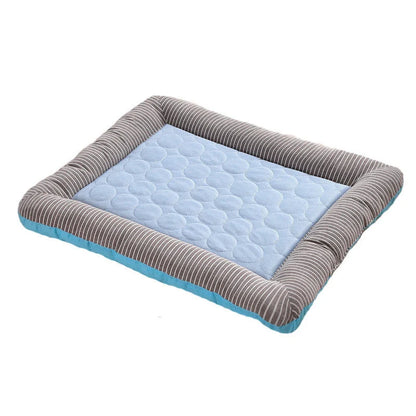 A plush, breathable cooling pet bed in blue and red colors, designed to keep dogs and cats comfortable in the summer heat.