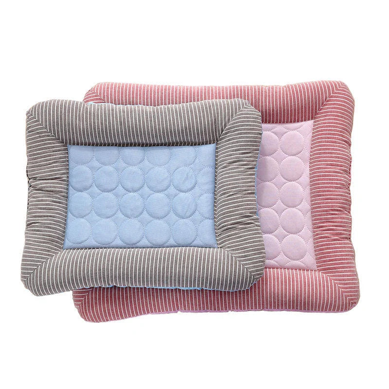 A plush, breathable cooling pet bed in blue and red colors, designed to keep dogs and cats comfortable in the summer heat.
