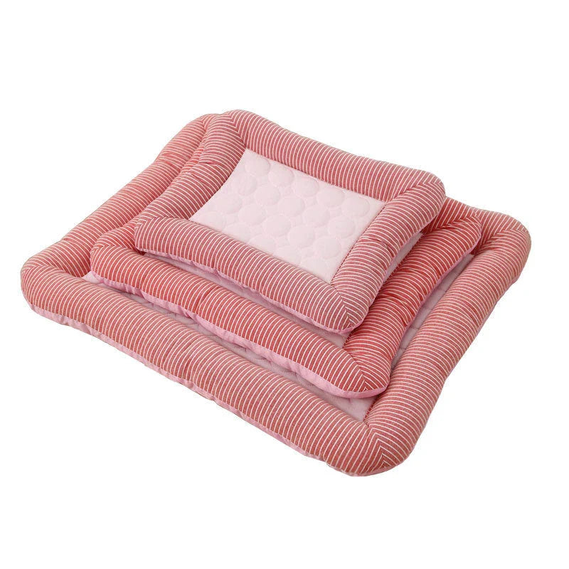 A plush, breathable cooling pet bed in blue and red colors, designed to keep dogs and cats comfortable in the summer heat.