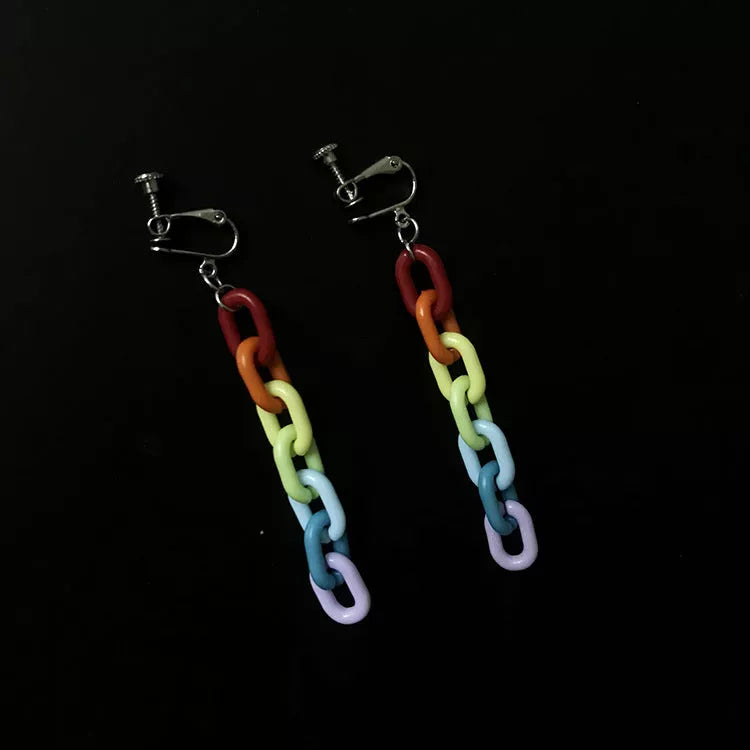 Vintage rainbow buckle acrylic plastic chain earrings, 6.5cm long, available in earrings and ear clips styles