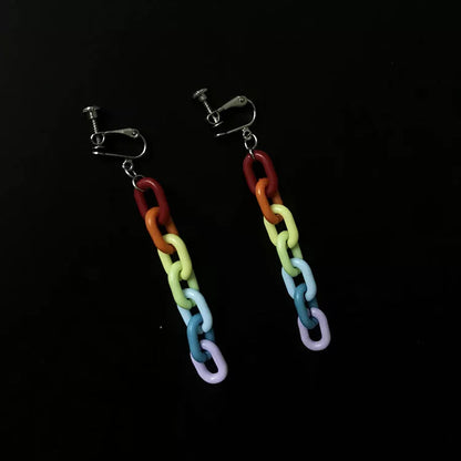 Vintage rainbow buckle acrylic plastic chain earrings, 6.5cm long, available in earrings and ear clips styles