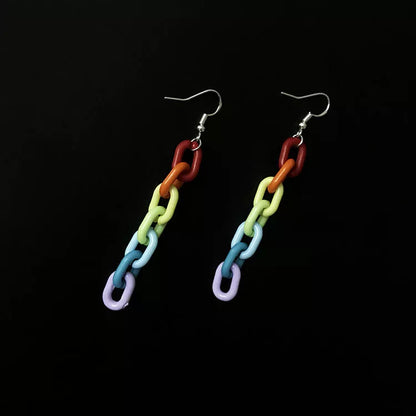 Vintage rainbow buckle acrylic plastic chain earrings, 6.5cm long, available in earrings and ear clips styles