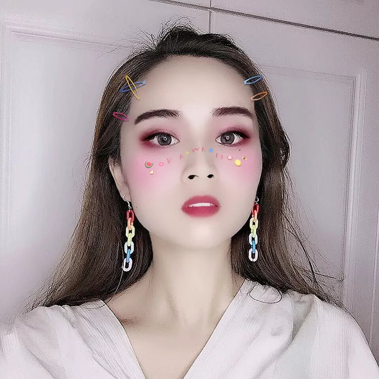 Vintage rainbow buckle acrylic plastic chain earrings, 6.5cm long, available in earrings and ear clips styles