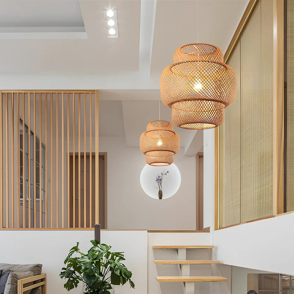 Hand-knitted Nordic bamboo chandelier in brown, 38cm diameter, E27 light source for restaurants and inns