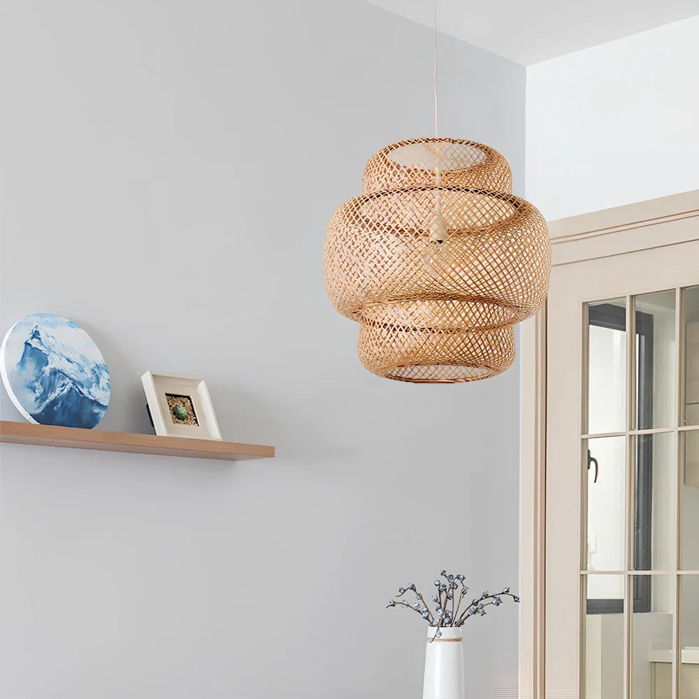 Hand-knitted Nordic bamboo chandelier in brown, 38cm diameter, E27 light source for restaurants and inns