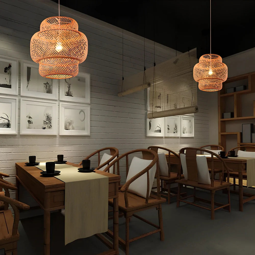 Hand-knitted Nordic bamboo chandelier in brown, 38cm diameter, E27 light source for restaurants and inns