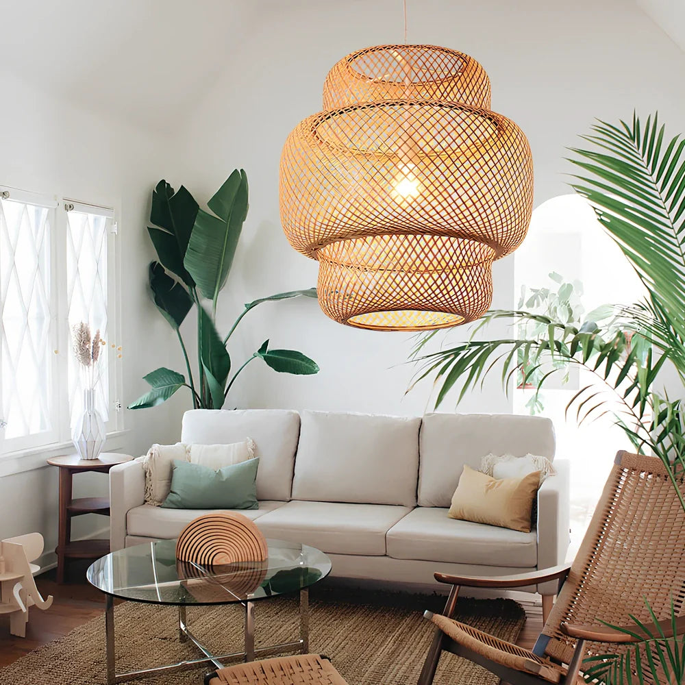 Hand-knitted Nordic bamboo chandelier in brown, 38cm diameter, E27 light source for restaurants and inns