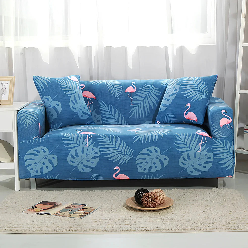 Elastic sofa cover on three-seat sofa showing stretch fabric fitting sofa length 190-230cm