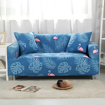 Elastic sofa cover on three-seat sofa showing stretch fabric fitting sofa length 190-230cm