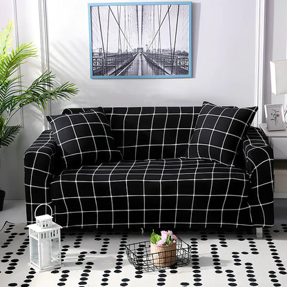 Elastic sofa cover on three-seat sofa showing stretch fabric fitting sofa length 190-230cm