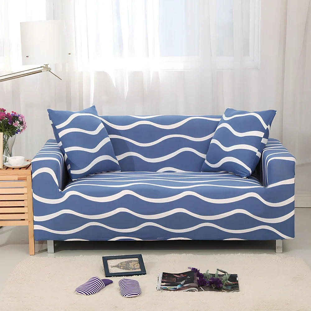 Elastic sofa cover on three-seat sofa showing stretch fabric fitting sofa length 190-230cm