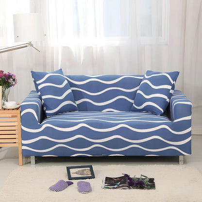 Elastic sofa cover on three-seat sofa showing stretch fabric fitting sofa length 190-230cm