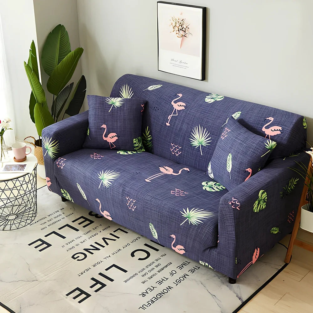Elastic sofa cover on three-seat sofa showing stretch fabric fitting sofa length 190-230cm