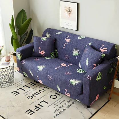 Elastic sofa cover on three-seat sofa showing stretch fabric fitting sofa length 190-230cm