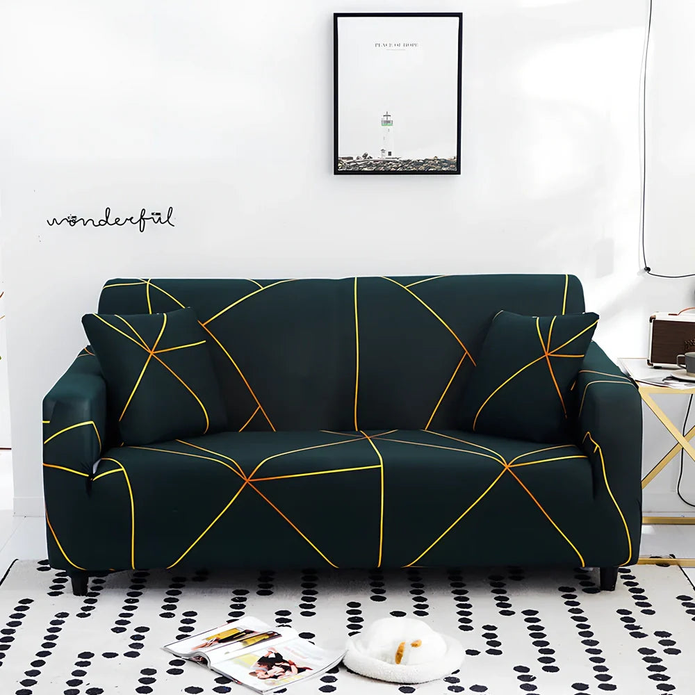 Elastic sofa cover on three-seat sofa showing stretch fabric fitting sofa length 190-230cm
