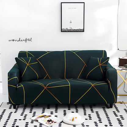 Elastic sofa cover on three-seat sofa showing stretch fabric fitting sofa length 190-230cm
