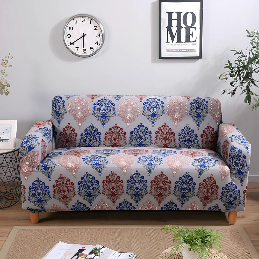 Elastic sofa cover on three-seat sofa showing stretch fabric fitting sofa length 190-230cm