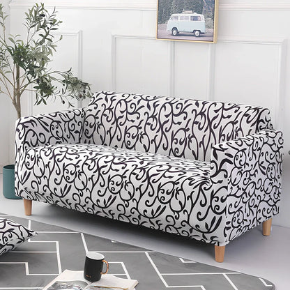 Elastic sofa cover on three-seat sofa showing stretch fabric fitting sofa length 190-230cm