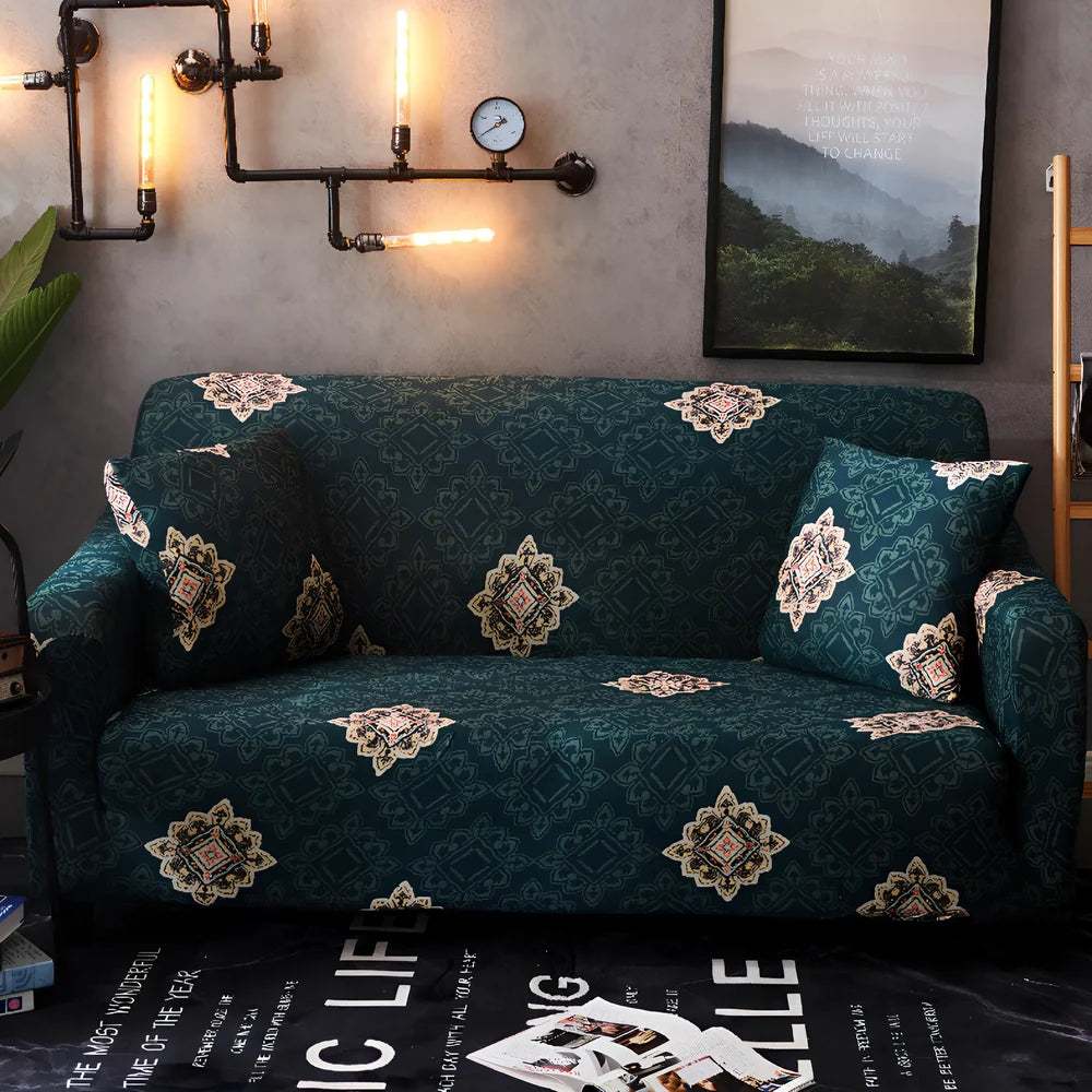 Elastic sofa cover on three-seat sofa showing stretch fabric fitting sofa length 190-230cm