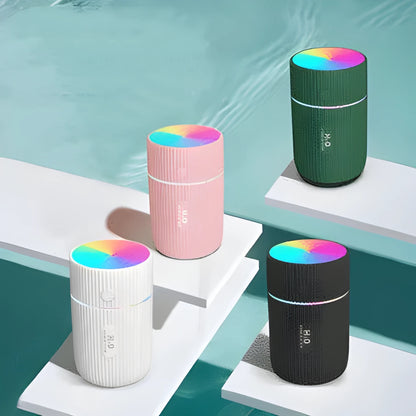 Portable USB humidifier diffuser in black, green, pink, or white with 240ml water tank