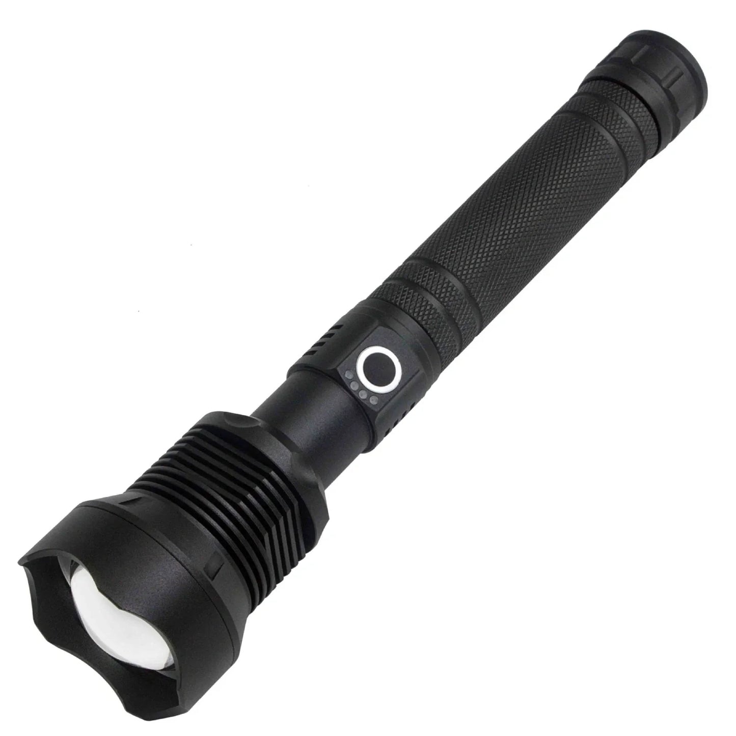 Black aviation aluminium LED torch with telescopic zoom lens showing extended and retracted positions