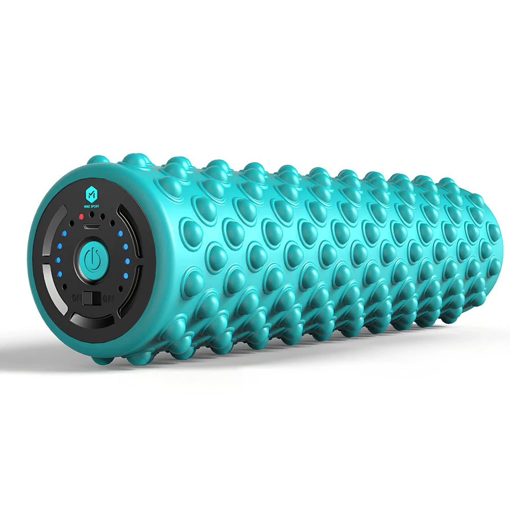 Blue electric foam roller with 30cm length and USB cable for muscle massage
