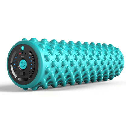 Blue electric foam roller with 30cm length and USB cable for muscle massage
