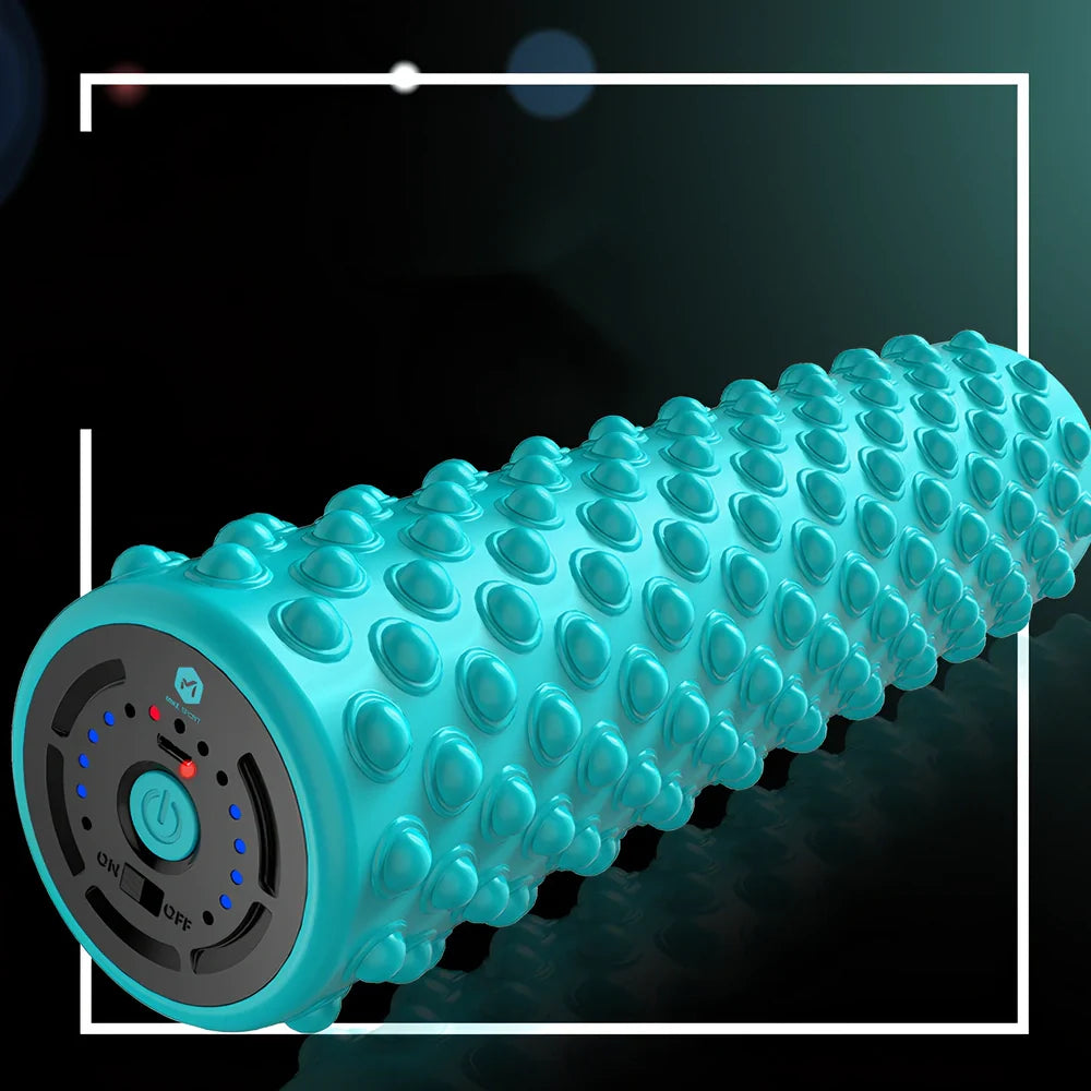 Blue electric foam roller with 30cm length and USB cable for muscle massage