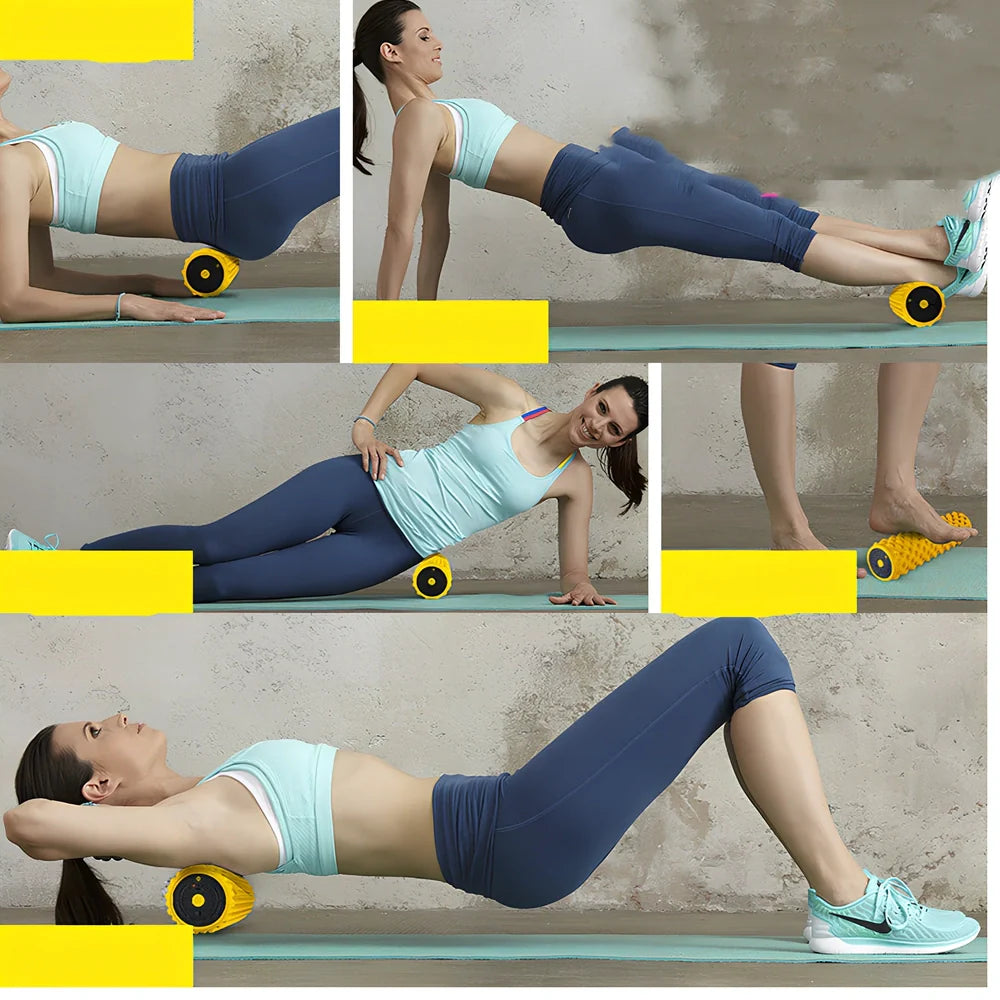 Blue electric foam roller with 30cm length and USB cable for muscle massage