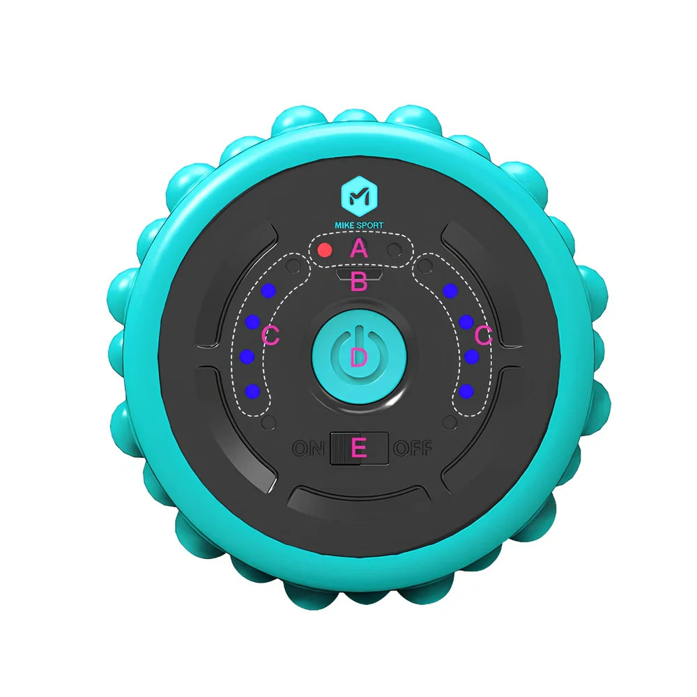 Blue electric foam roller with 30cm length and USB cable for muscle massage