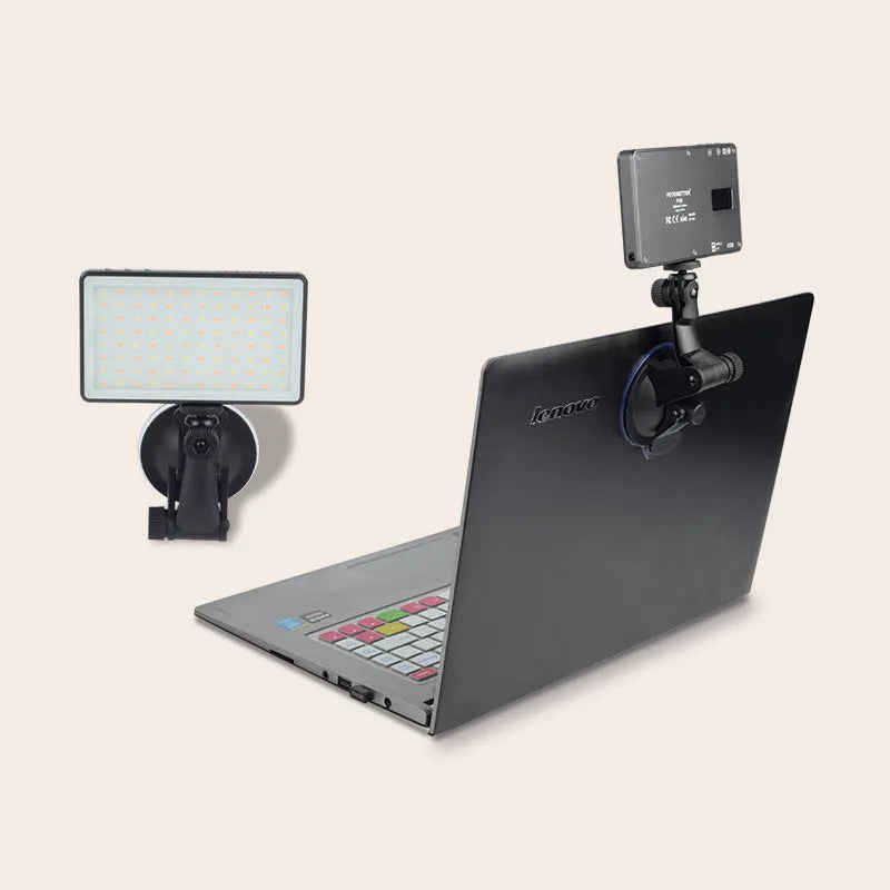 Black aluminium alloy LED video light with 96 LEDs, 116mm by 68mm by 10mm, for laptop conferences