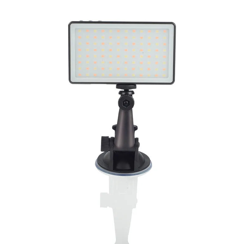 Black aluminium alloy LED video light with 96 LEDs, 116mm by 68mm by 10mm, for laptop conferences