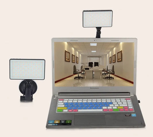Black aluminium alloy LED video light with 96 LEDs, 116mm by 68mm by 10mm, for laptop conferences