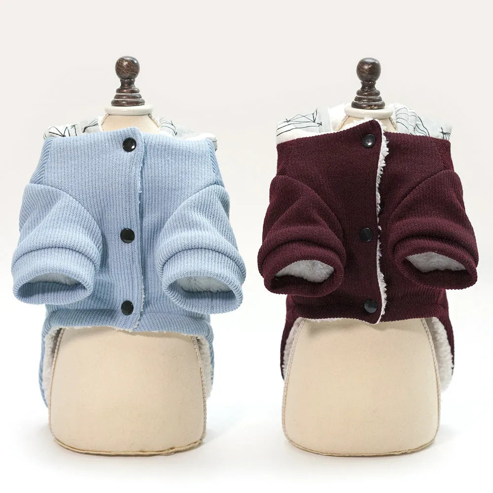 Thickened hooded padded pet coat in cotton, blue or wine red, sizes S to XXL, back length 20-40 cm.