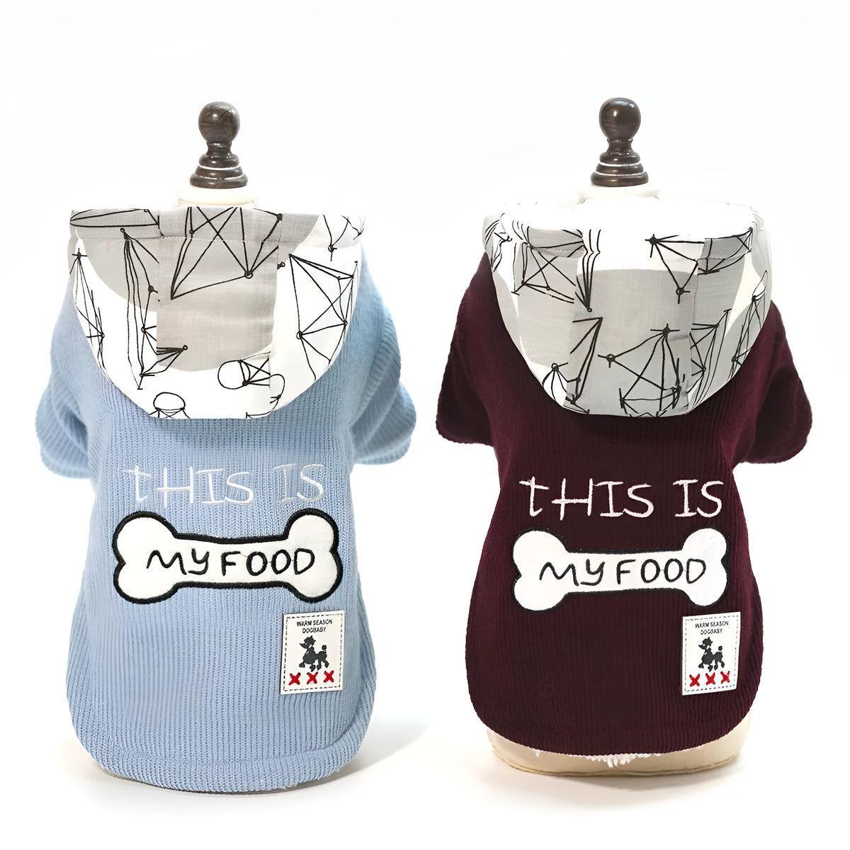 Thickened hooded padded pet coat in cotton, blue or wine red, sizes S to XXL, back length 20-40 cm.