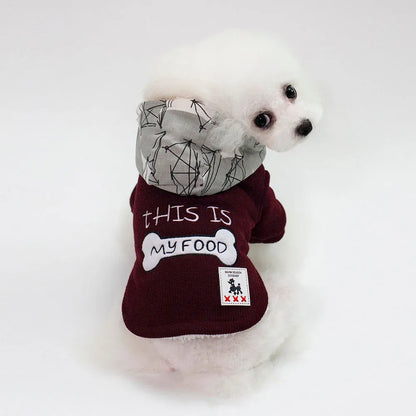 Thickened hooded padded pet coat in cotton, blue or wine red, sizes S to XXL, back length 20-40 cm.