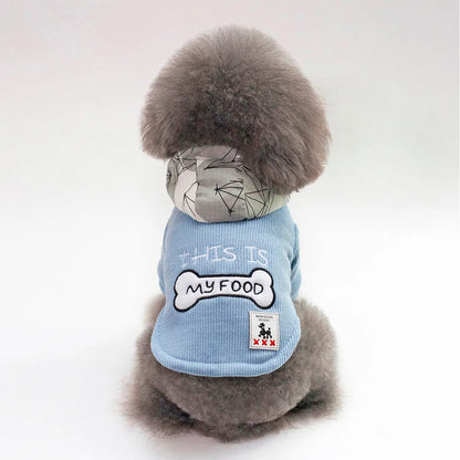 Thickened hooded padded pet coat in cotton, blue or wine red, sizes S to XXL, back length 20-40 cm.